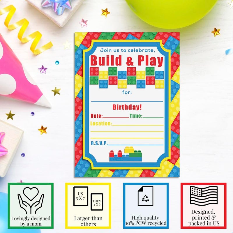 Amanda Creation Building Blocks Birthday Party Invitations, 20 5x7 Fill In Cards with Twenty White Envelopes by AmandaCreation - Image 3